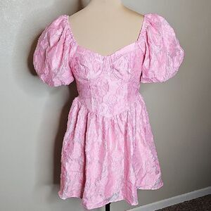 NWT Puff Sleeve Jacquard Girlie Coquette Lolita Kawaii Pink Floral mini Dress